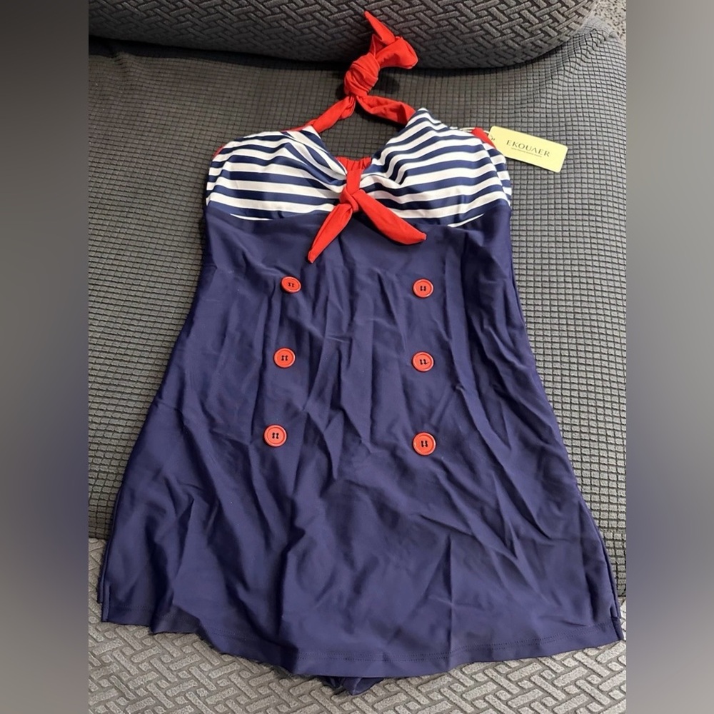 Ekouaer Womens One Piece Swimsuits Vintage Striped Skirt Bathing Suit LARGE - Picture 4 of 7